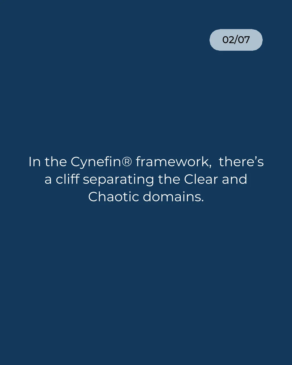 Slide 2 of 7: In the Cynefin framework, there's a cliff separating the Clear and Chaotic domains.