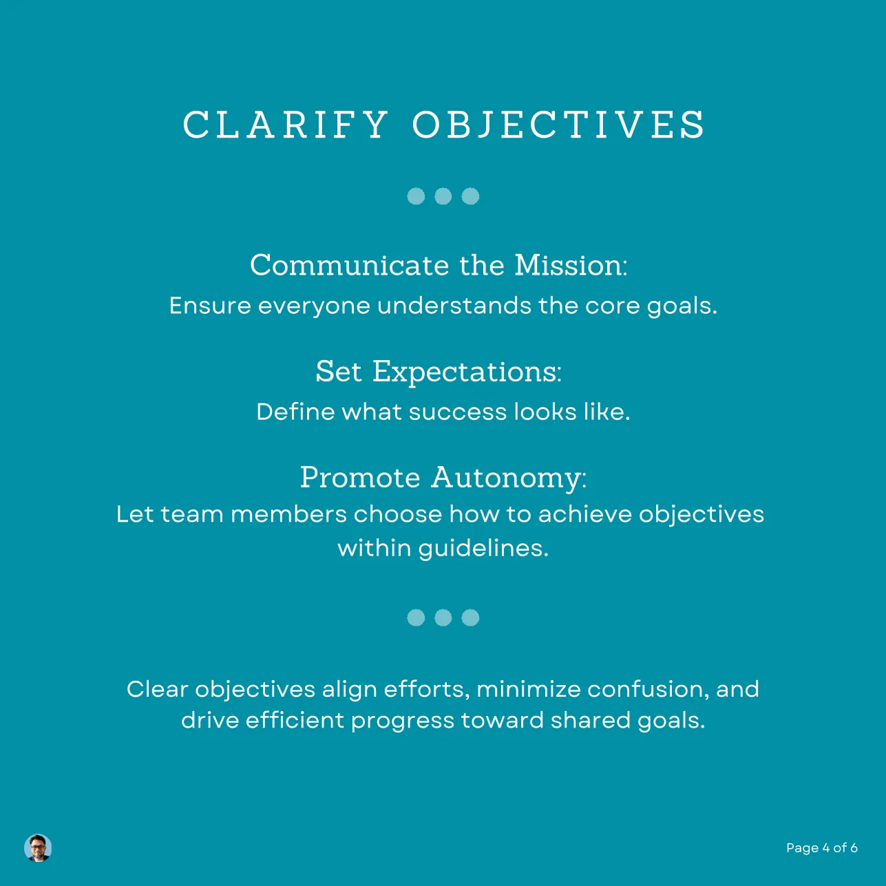 Slide 4 of 6: Clarify objectives: communicate the mission, set expectations, promote autonomy.