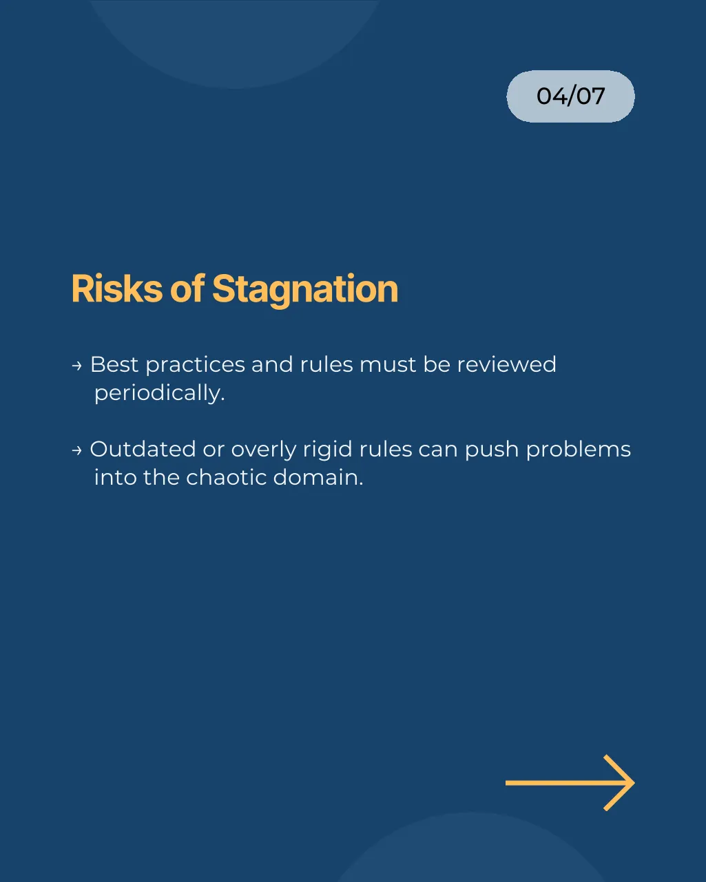 Slide 4 of 7: Risks of stagnation: best practices and rules must be reviewed periodically, or outdated rules push problems into chaos.