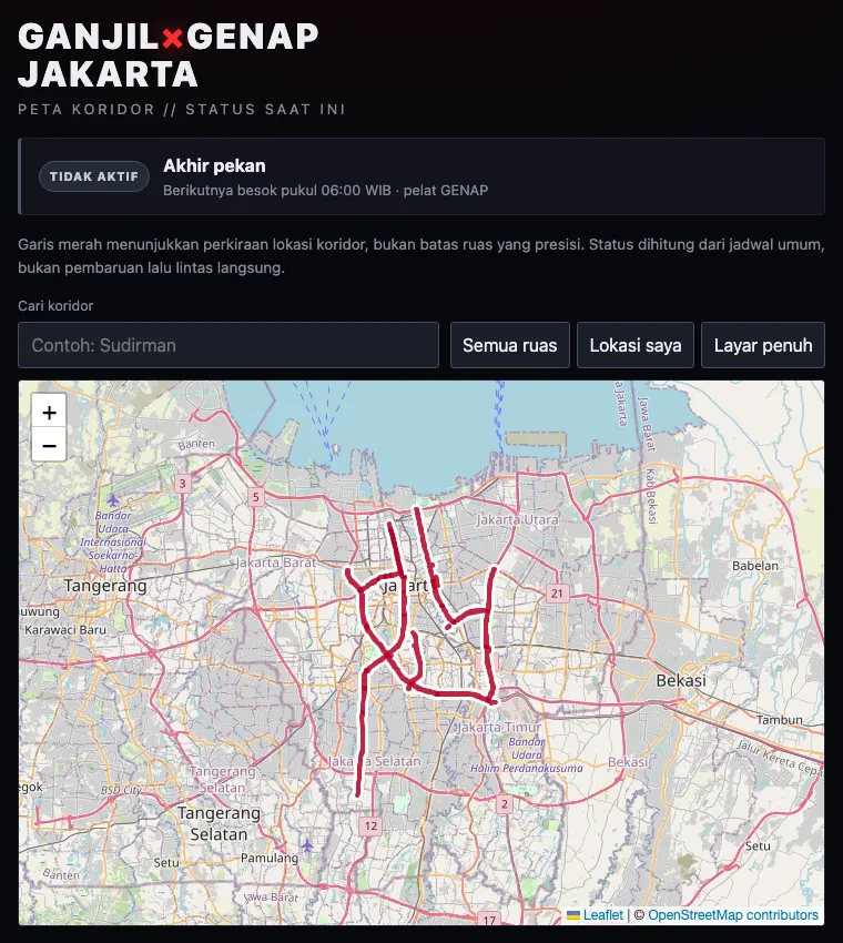 The app shows an inactive schedule status, corridor search, and red lines on a Jakarta street map.