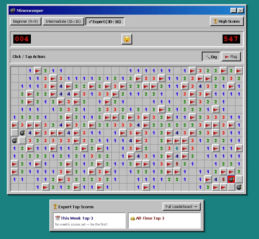 My Expert game after hitting a mine: a 30-by-16 board, flags, a timer at 547 seconds, and an empty Expert high-score panel.